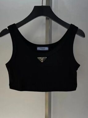 Prada Black U-Neck Ribbed Cropped Tank Top